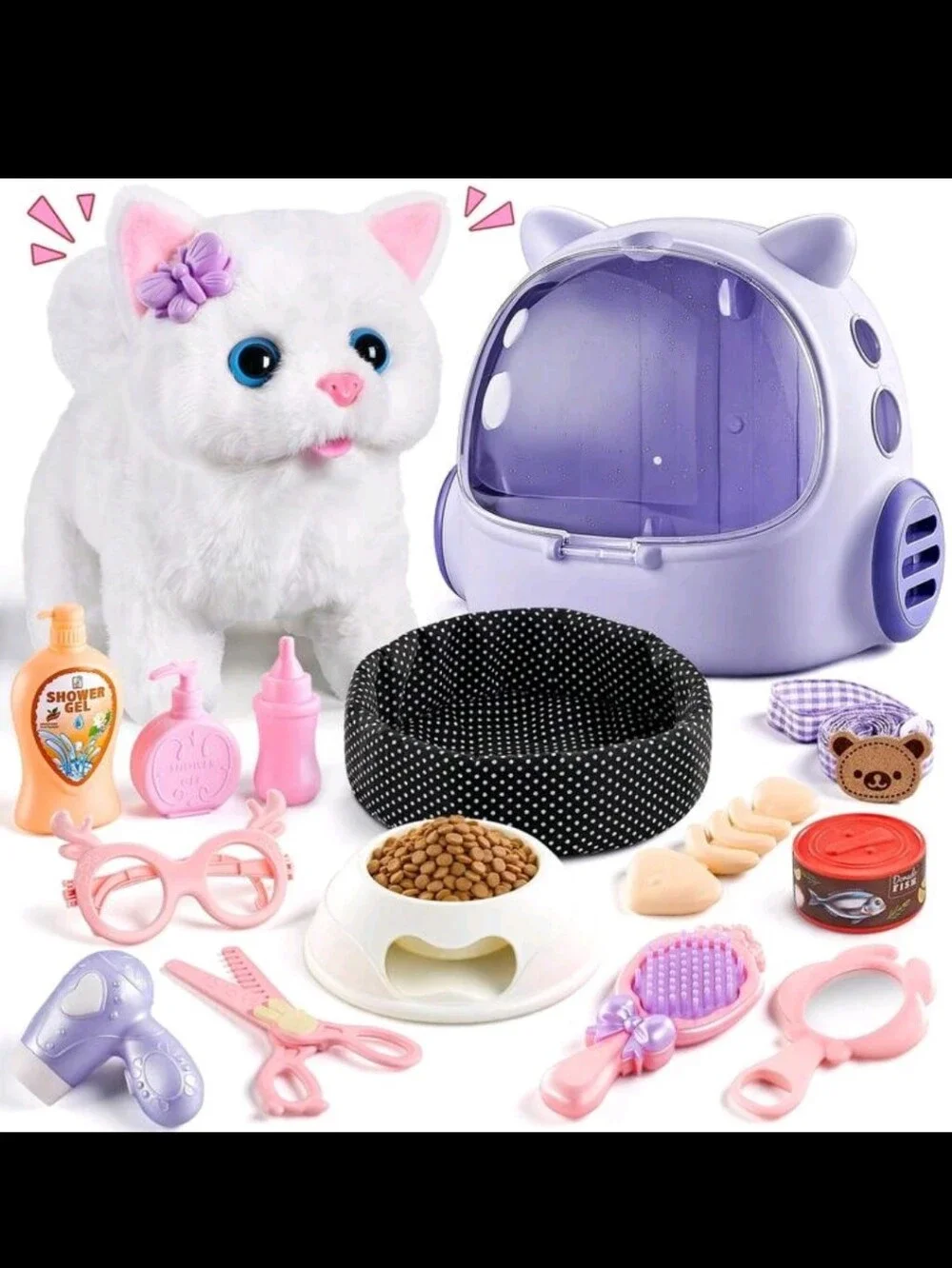 Plush White Kitten Playset with Mauve Purple Carrier - Pet Roleplay Set